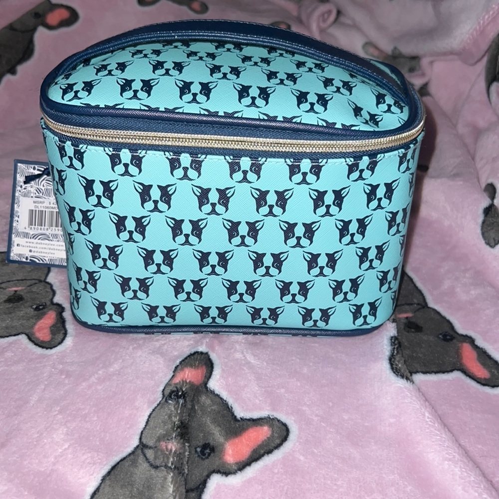 Teal French bulldog make up bag